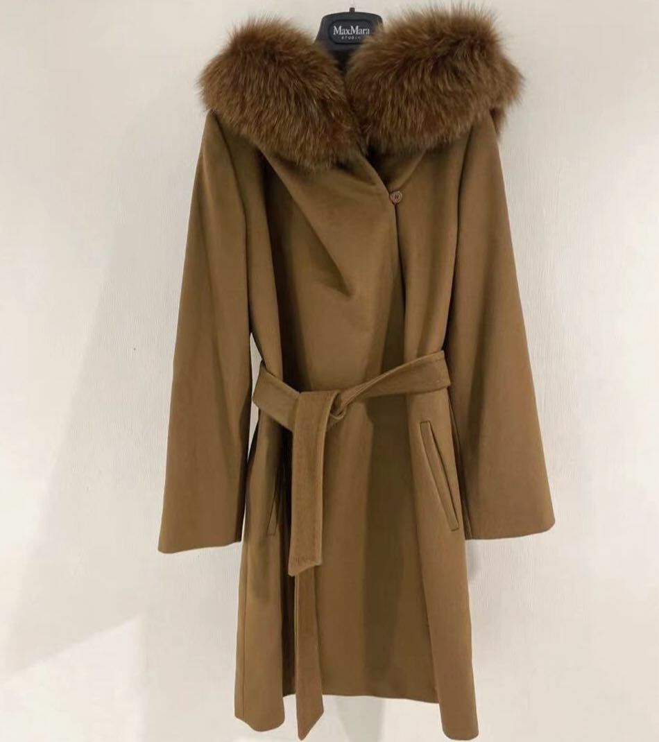 MaxMara杏色毛毛邊毛呢外套 -M
