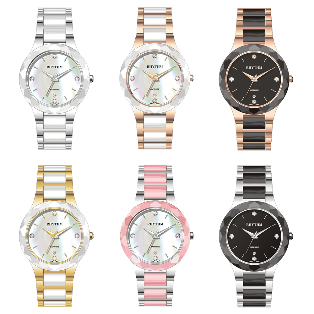 【RHYTHM 麗聲】 F1205 簡約美 多色 貝殼面 日期顯示 陶瓷 不鏽鋼錶