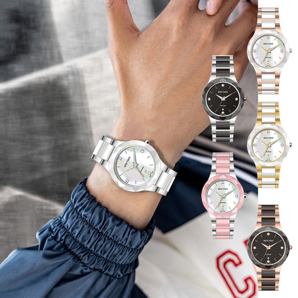 【RHYTHM 麗聲】 F1205 簡約美 多色 貝殼面 日期顯示 陶瓷 不鏽鋼錶