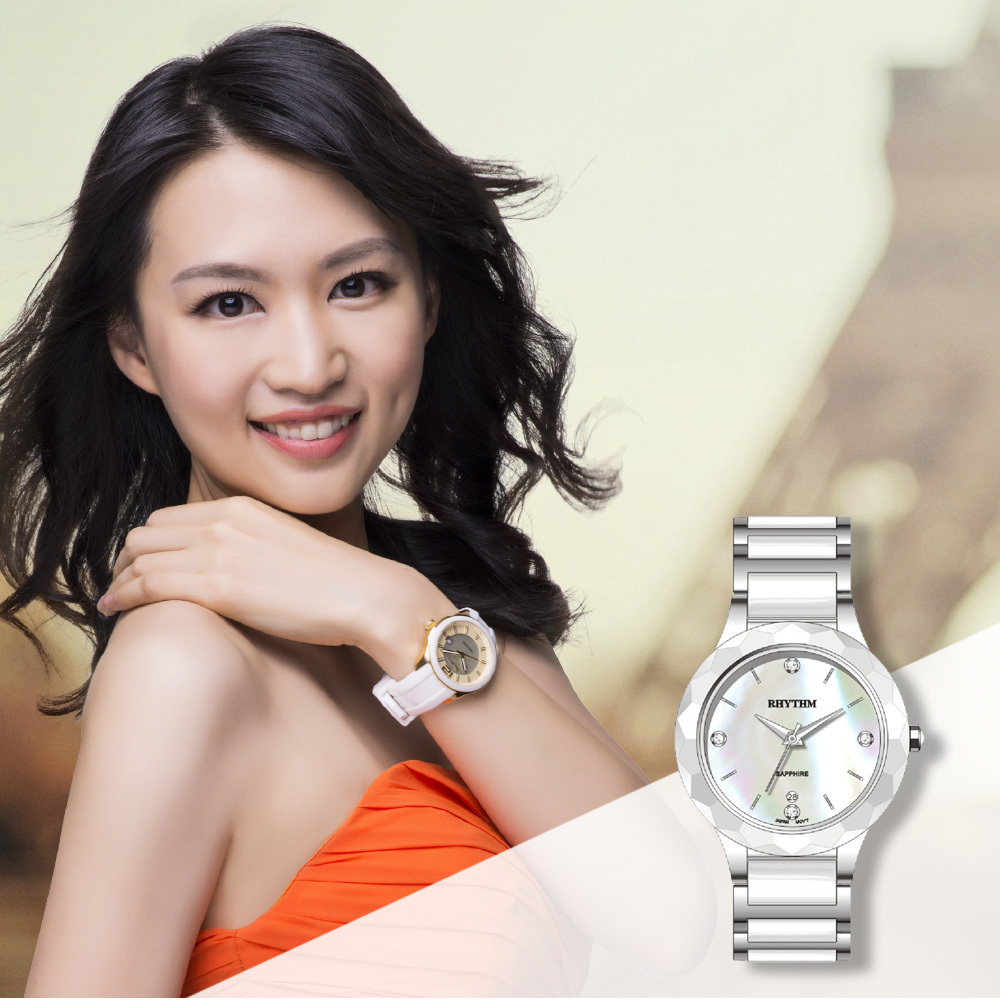【RHYTHM 麗聲】F1206 簡約設計 多貝殼面 日期顯示 陶瓷 不鏽鋼 女錶