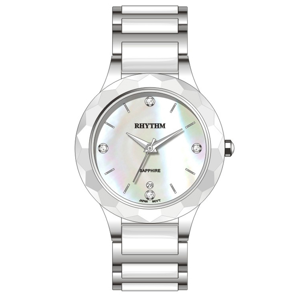 【RHYTHM 麗聲】F1206 簡約設計 多貝殼面 日期顯示 陶瓷 不鏽鋼 女錶