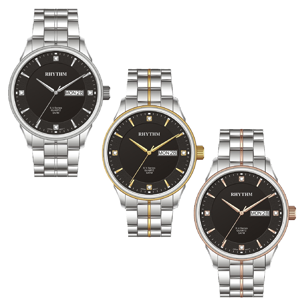 【RHYTHM 麗聲】 GS1603 極簡設計 簡約 鑽標 日期星期顯示 不鏽鋼 手錶 素面文青款