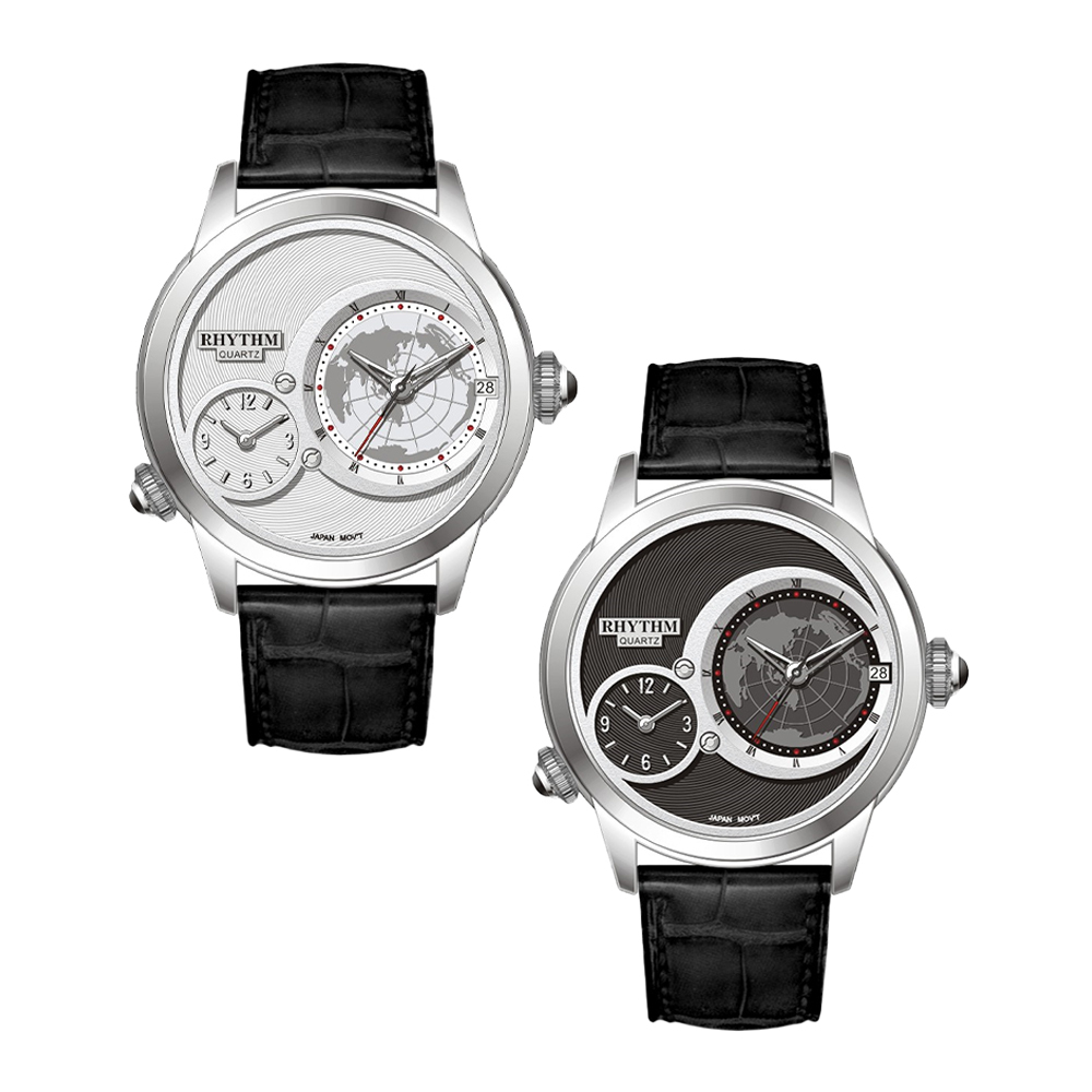 【RHYTHM 麗聲】I1503 簡約 世界地圖 時尚風格 日期顯示 皮革 手錶