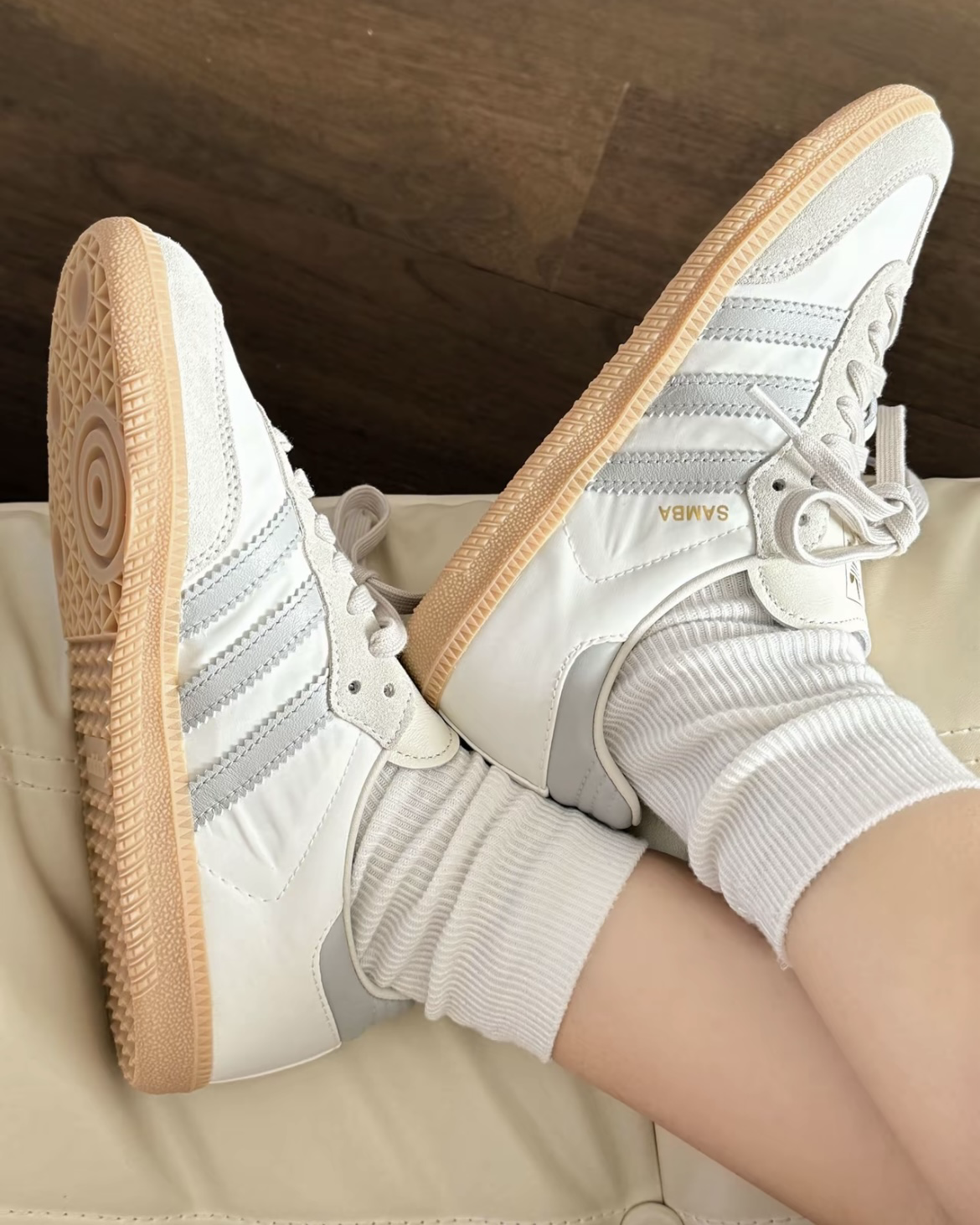 Adidas Samba OG Off White Alluminum 淺灰藍 米白 絲綢 焦糖底 德訓鞋 復古休閒鞋