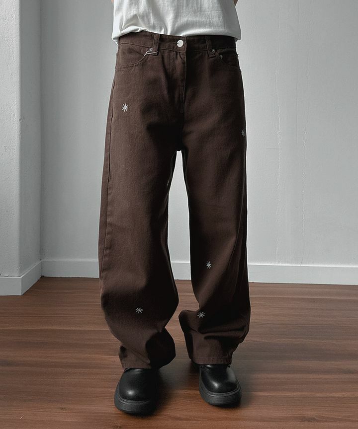 刺繡闊腿牛仔褲