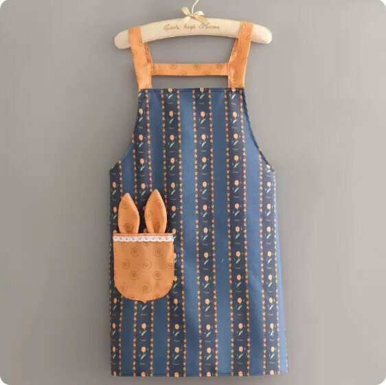 Hotly recommended apron [Canvas vertical striped floral rabbit ear straps blue] [Specification: 70*70CM]