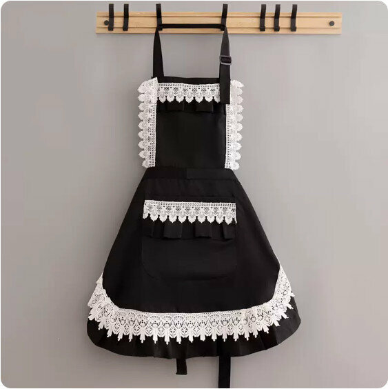 Hotly recommended apron [Heavy industrial lace halterneck princess dress pure black (water-repellent)] [Specifications: 74*75CM]
