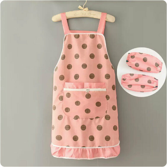 Hotly recommended apron [canvas large polka dot zipper pocket straps pink + sleeves] [specification: 90*70CM]