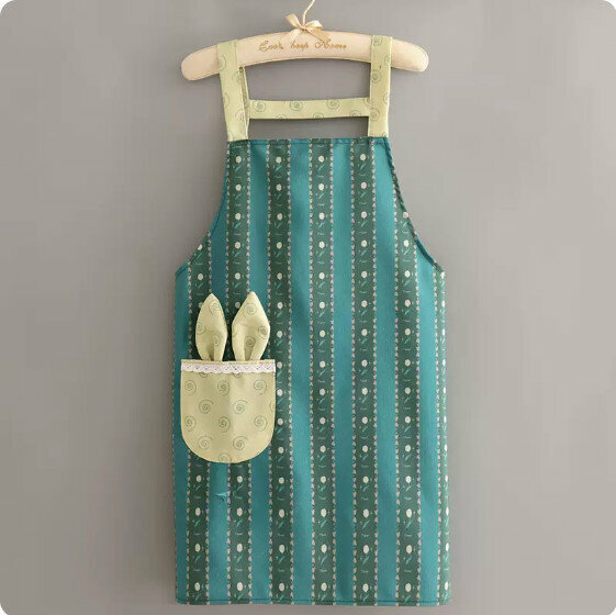 Hotly recommended apron [Canvas vertical striped floral rabbit ear strap green] [Specification: 70*70CM]