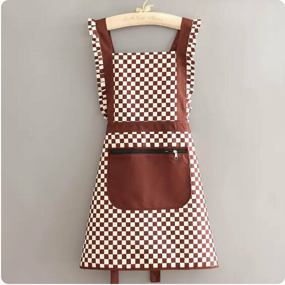 Hotly recommended apron [checkerboard patchwork waterproof princess skirt coffee color] [specification: 70*93CM]