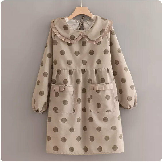 Hot recommended anti-fouling breathable apron [long-sleeved doll collar canvas large polka dots green coffee] [Specification: 120*93CM]