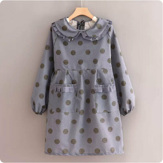 Hot recommended anti-fouling breathable apron [long-sleeved doll collar canvas large polka dots blue] [Specification: 120*93CM]