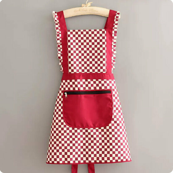 Hotly recommended apron [checkerboard splicing waterproof princess skirt burgundy] [Specification: 70*93CM]