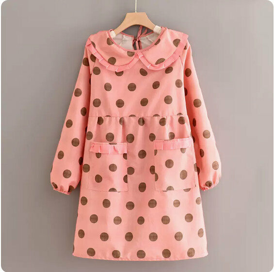 Hot recommended anti-fouling breathable apron [long-sleeved doll collar canvas with large polka dots pink] [Specification: 120*93CM]