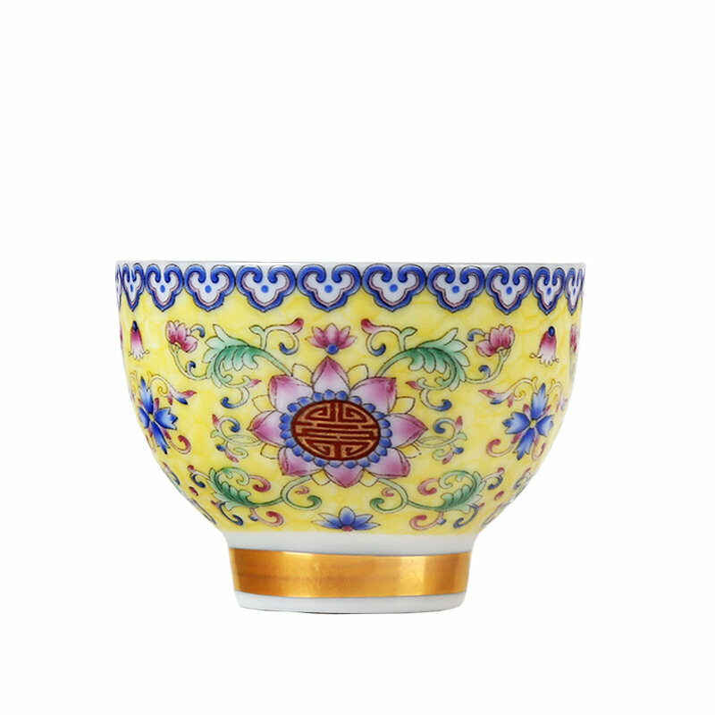 熱推高檔純銀琺瑯彩陶瓷銀茶杯向陽花黃色小圓杯）