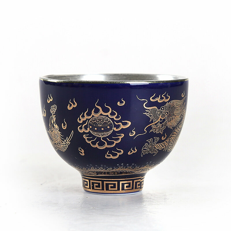 爆款高檔純銀琺瑯彩陶瓷銀茶杯藍龍銀茶杯）