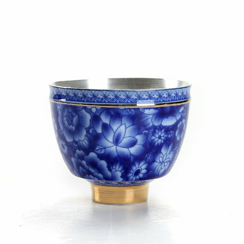 熱推高檔純銀琺瑯彩陶瓷銀茶杯青花銀茶杯）
