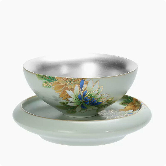 爆款汝窯陶瓷鎏銀茶杯功夫茶具品茗杯茶(汝窯牡丹飄香杯40毫升+杯墊）