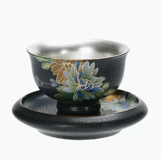 爆款汝窯陶瓷鎏銀茶杯功夫茶具品茗杯茶(黑釉牡丹力鼎杯45毫升+杯墊）
