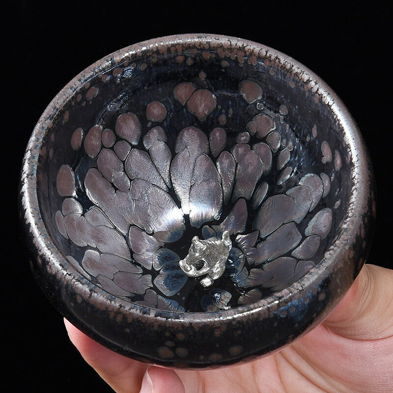 Popular high-end silver-inlaid tea cup, master cup (original mineral oil drop inlay-silver rat)