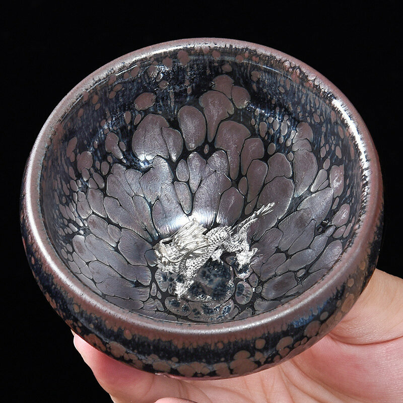 Popular high-end silver-inlaid tea cup, master cup (raw mineral oil drop inlay - Silver Dragon)