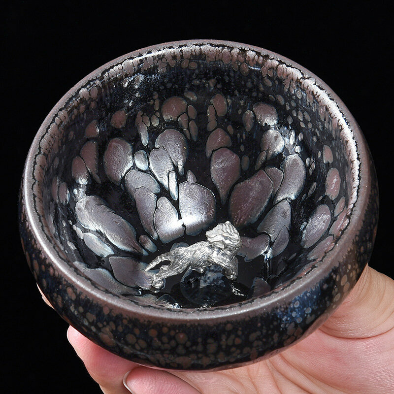 Popular high-end silver-inlaid tea cup, master cup (original mineral oil drop inlay - Silver Tiger)