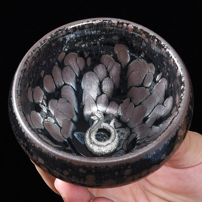 Popular high-end silver-inlaid tea cup, master cup (original mineral oil drop inlay - Silver Snake)
