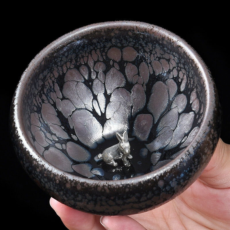 Popular high-end silver-inlaid tea cup, master cup (original mineral oil drop inlay - Silver Rabbit)