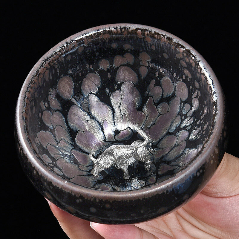 Popular high-end silver-inlaid tea cup, master cup (original mineral oil drop inlaid teacup - Silver Bull)