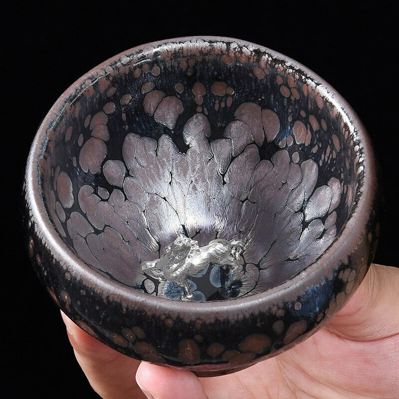 Popular high-end silver-inlaid tea cup, master cup (raw mineral oil drop inlay - silver horse)