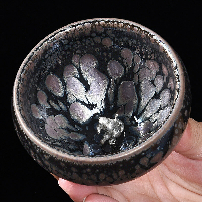 Popular high-end silver-inlaid tea cup, master cup (raw mineral oil drop inlay - Silver Monkey)