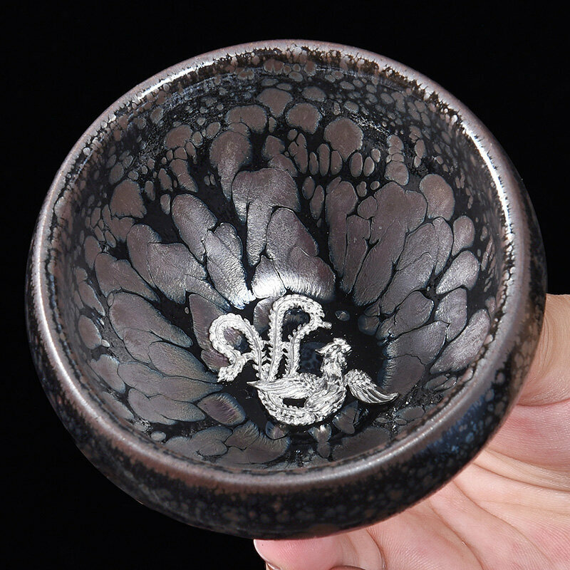 Popular high-end silver-inlaid tea cup and master cup (raw mineral oil drop inlay-Silver Phoenix)