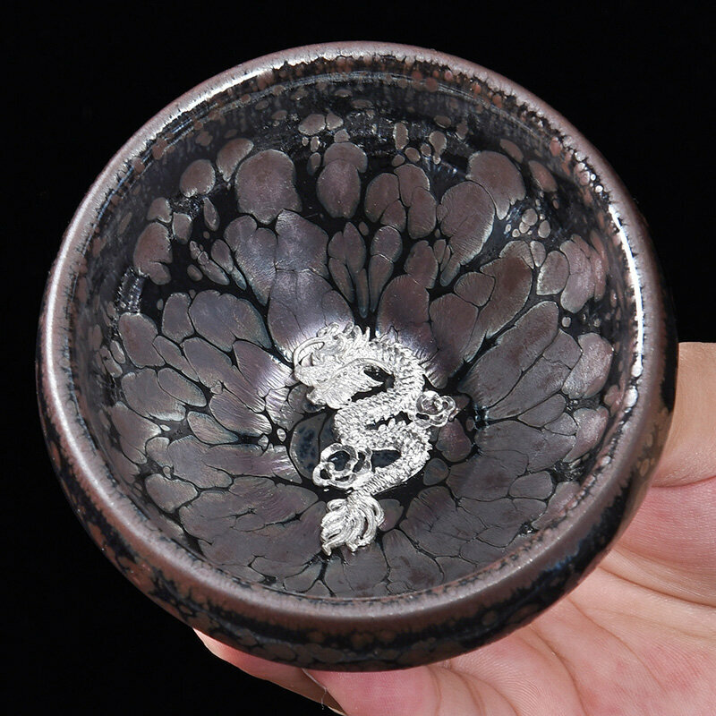 Popular high-end silver-inlaid tea cup and master cup (raw mineral oil drop inlay-Yin Tenglong)