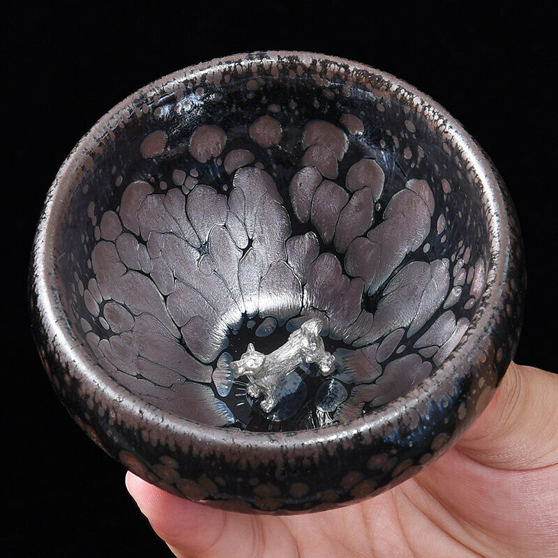 Popular high-end silver-inlaid tea cup, master cup (original mineral oil drop inlay - Silver Dog)