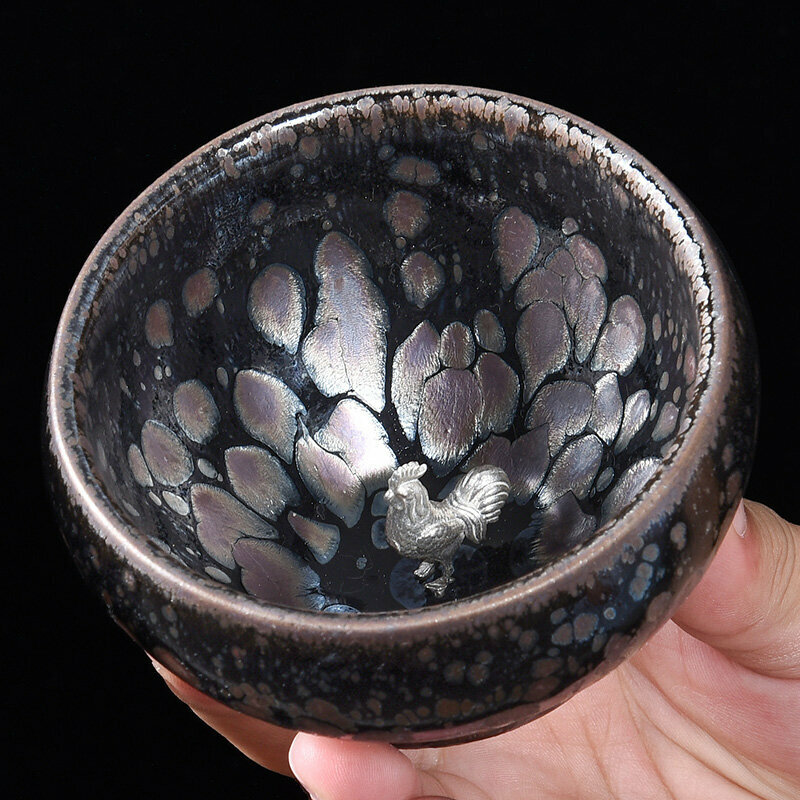 Popular high-end silver-inlaid tea cup, master cup (raw mineral oil drop inlay-silver chicken)