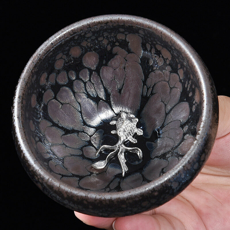 Popular high-end silver-inlaid tea cup, master cup (original mineral oil drop inlay - silver goldfish)
