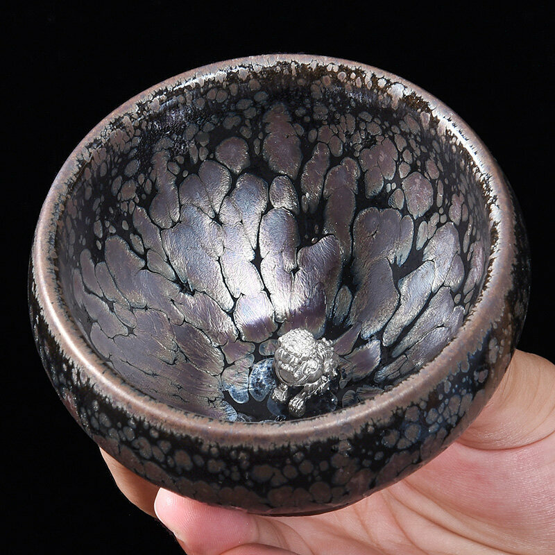 Popular high-end silver-inlaid tea cup, master cup (raw mineral oil drop inlay - silver lion)