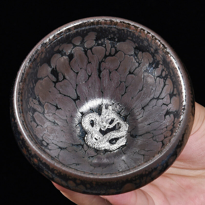 Popular high-end silver-inlaid tea cup, master cup (raw mineral oil drop inlay-silver panlong)