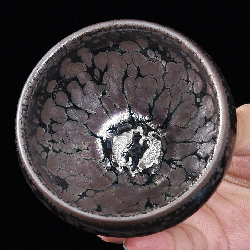 Popular high-end silver-inlaid tea cup and master cup (raw mineral oil drop inlay-silver Pisces)