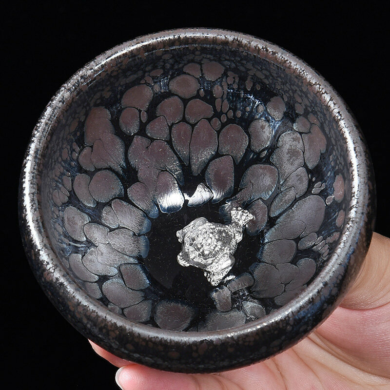 Popular high-end silver-inlaid tea cup, master cup (raw mineral oil drop inlay-silver golden toad)