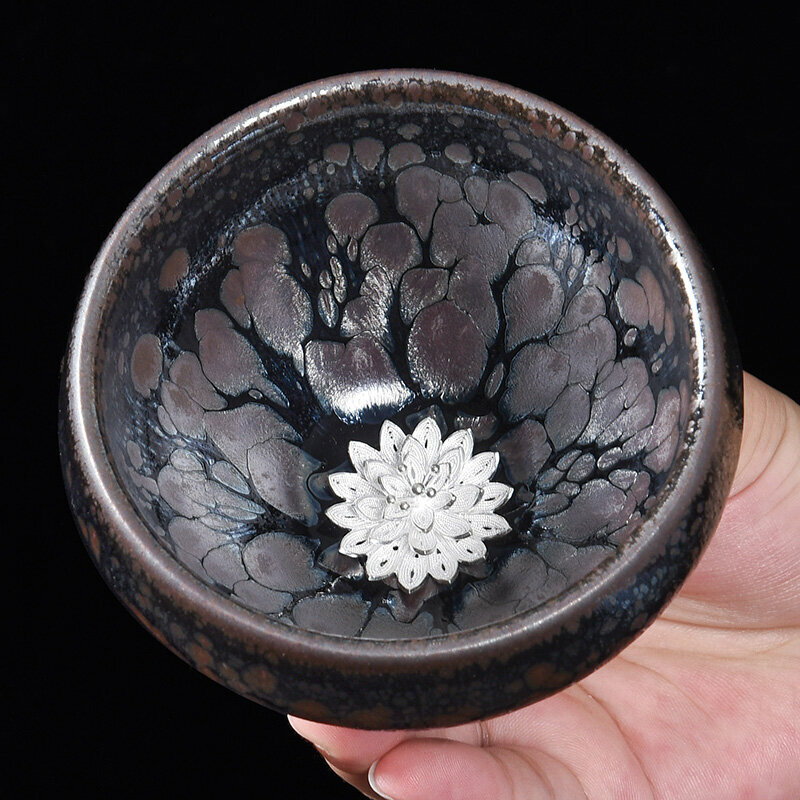Popular high-end silver-inlaid tea cup, master cup (raw mineral oil drop inlay - anemone)