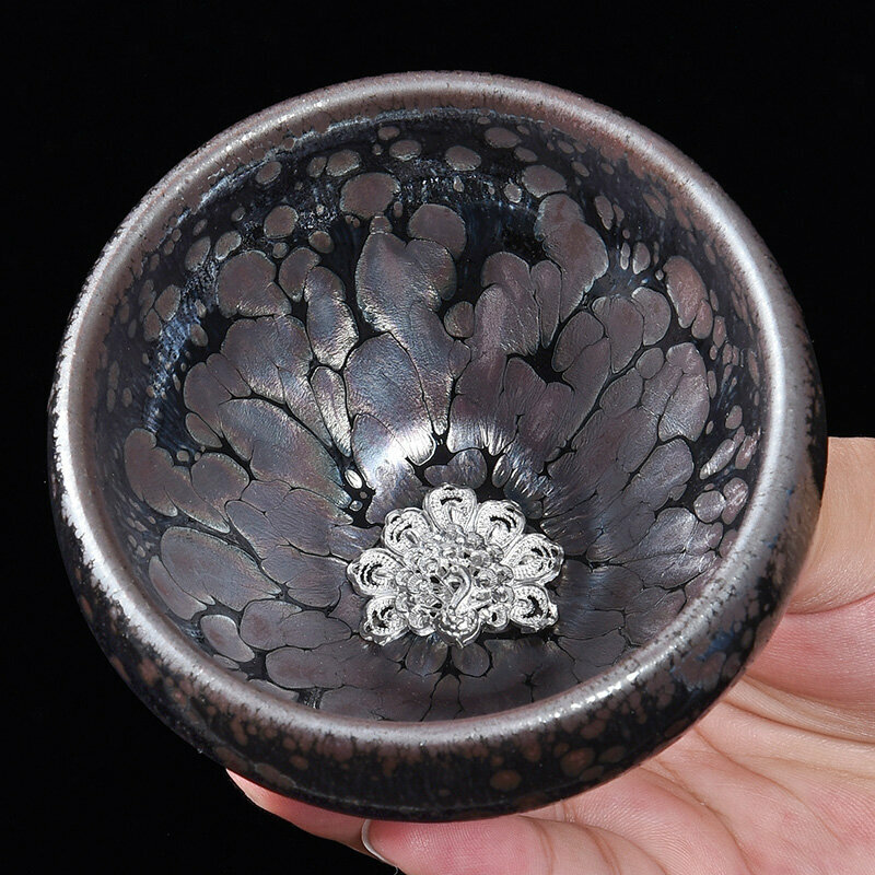 Popular high-end silver-inlaid tea cup, master cup (raw mineral oil drop inlay - silver peacock)