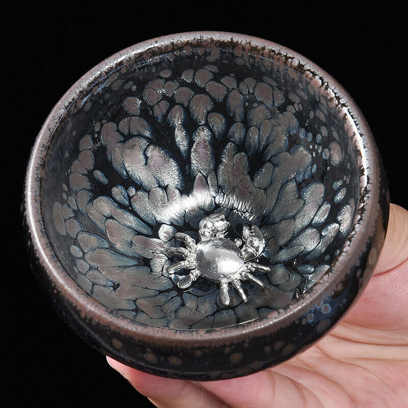 Popular high-end silver-inlaid tea cup, master cup (original mineral oil drop inlay - silver crab)
