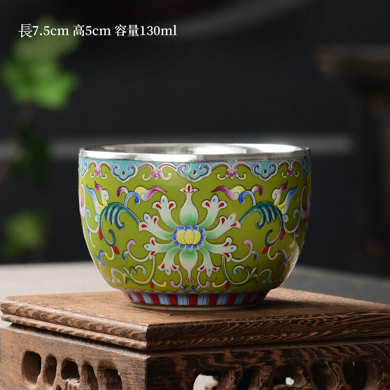 Popular high-end tea set silver cup tea cup (enamel color wrapped silver cup-cyan)