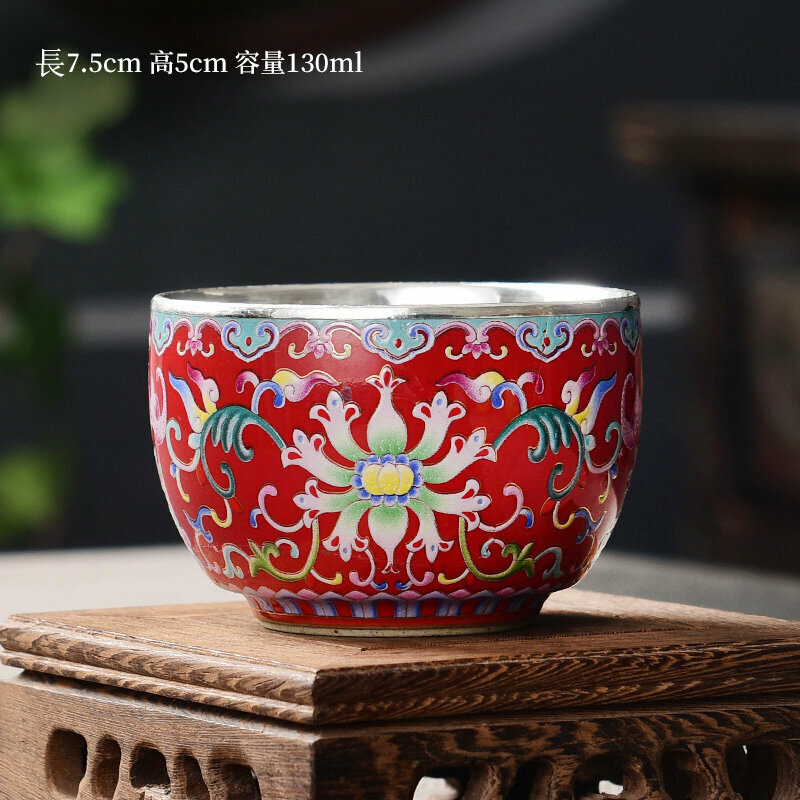 Popular high-end tea set silver cup tea cup (enamel color wrapped silver cup - red)