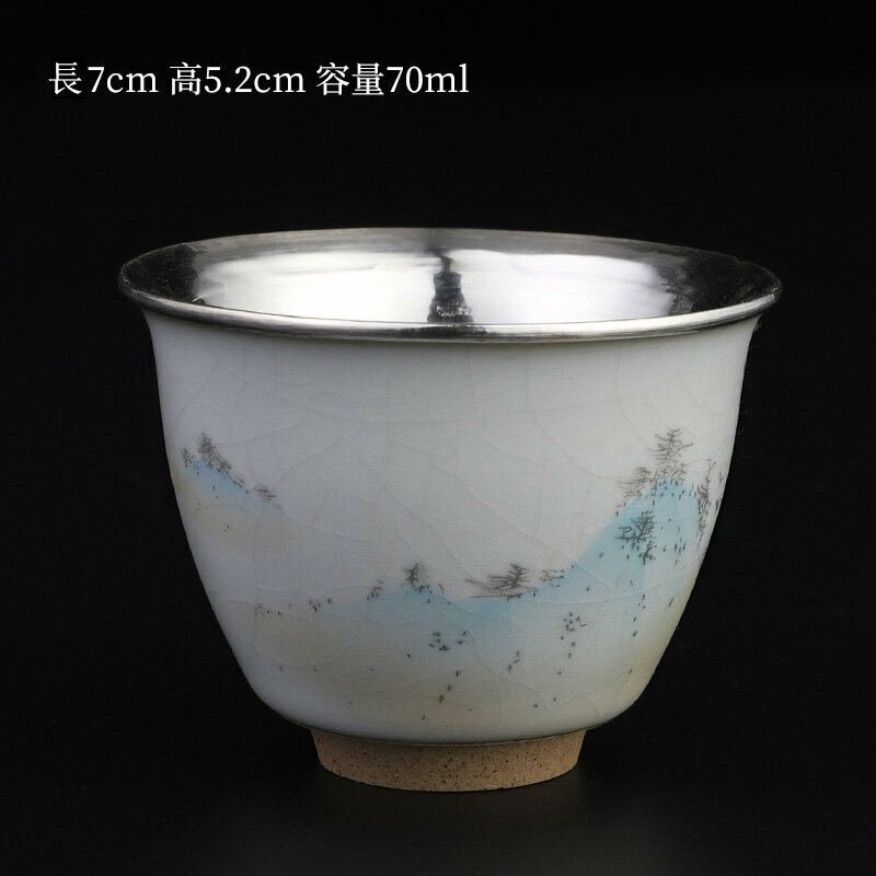 Popular high-end sterling silver Ru kiln tea cup master cup (Ru kiln agarwood wrapped silver cup - Shanhe)