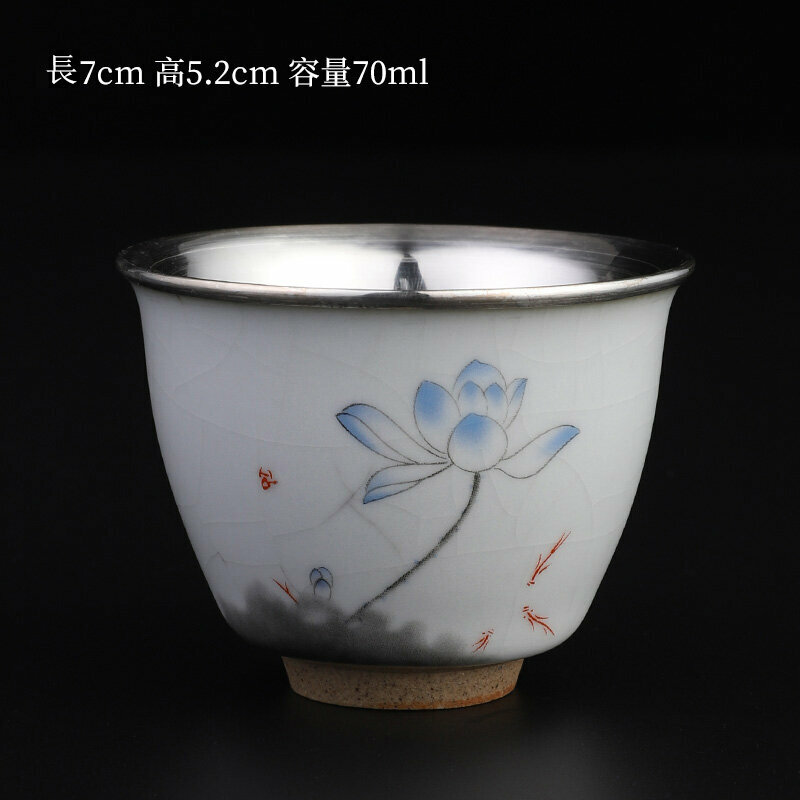 Popular high-end sterling silver Ru kiln tea cup master cup (Ru kiln agarwood wrapped silver cup - lotus)