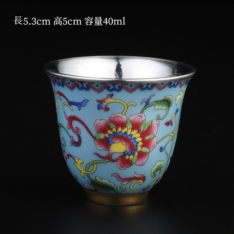 Popular high-end sterling silver Ru kiln tea cup master cup (Shengyi wrapped silver cup - Huguang blue)