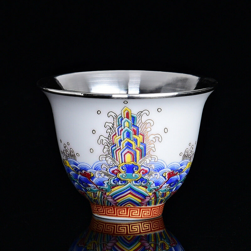 Popular high-end enamel ceramic hand-made silver-wrapped teacup master cup (gold sea wave silver-wrapped cup)