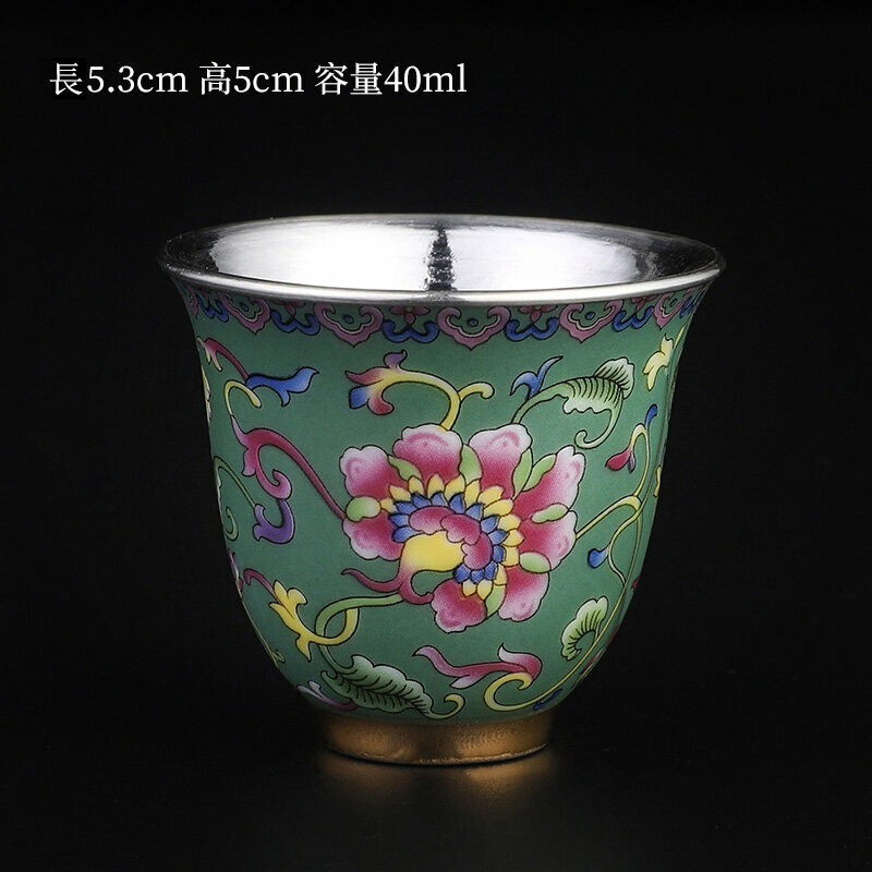 Popular high-end sterling silver Ru kiln tea cup master cup (Shengyi wrapped silver cup * malachite green)